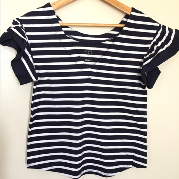 NEW! Navy Blue & White Striped Ruffle-Sleeve Shirt - Picture 2 of 3